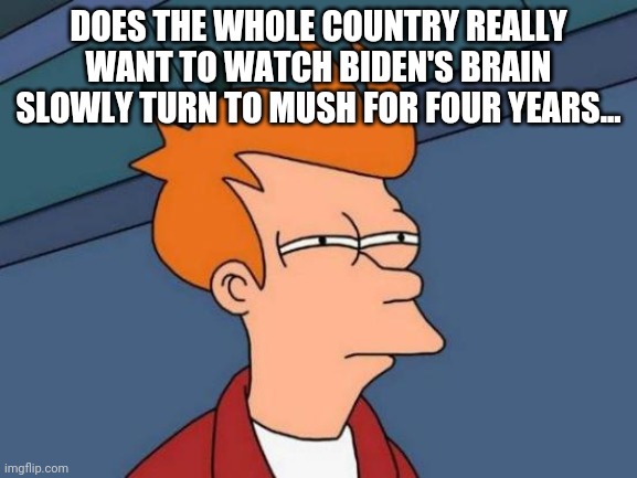 Futurama Fry | DOES THE WHOLE COUNTRY REALLY WANT TO WATCH BIDEN'S BRAIN SLOWLY TURN TO MUSH FOR FOUR YEARS... | image tagged in memes,futurama fry | made w/ Imgflip meme maker