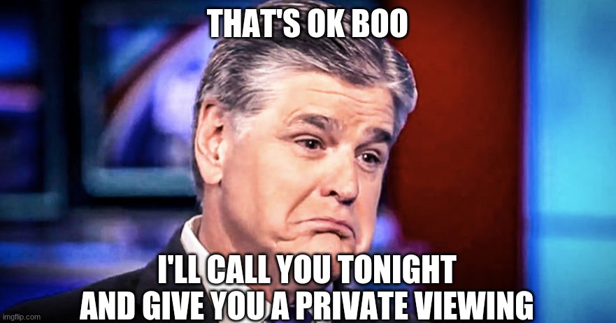 Sean Hannity | THAT'S OK BOO I'LL CALL YOU TONIGHT AND GIVE YOU A PRIVATE VIEWING | image tagged in sean hannity | made w/ Imgflip meme maker