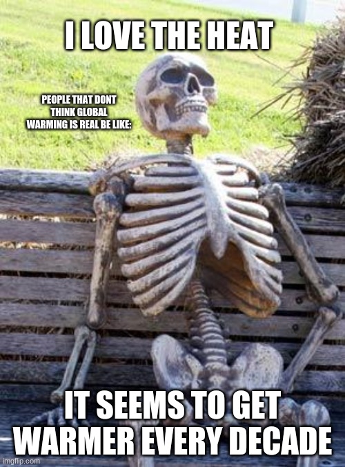 Waiting Skeleton | I LOVE THE HEAT; PEOPLE THAT DONT THINK GLOBAL WARMING IS REAL BE LIKE:; IT SEEMS TO GET WARMER EVERY DECADE | image tagged in memes,waiting skeleton | made w/ Imgflip meme maker