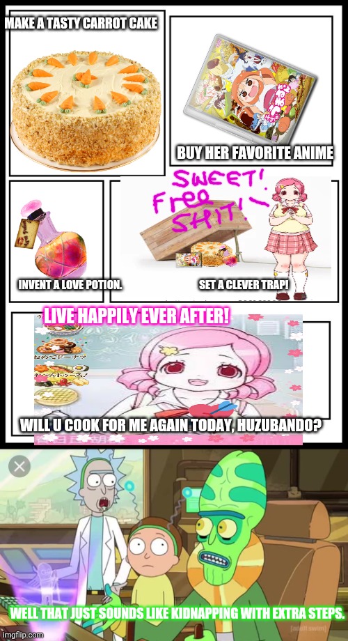 How to get a thicc waifu! | MAKE A TASTY CARROT CAKE; BUY HER FAVORITE ANIME; INVENT A LOVE POTION.                                     SET A CLEVER TRAP! LIVE HAPPILY EVER AFTER! WILL U COOK FOR ME AGAIN TODAY, HUZUBANDO? WELL THAT JUST SOUNDS LIKE KIDNAPPING WITH EXTRA STEPS. | image tagged in well that just sounds like with extra steps,waifu | made w/ Imgflip meme maker