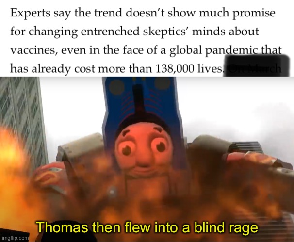 Stupid anti-vaxxers | Thomas then flew into a blind rage | image tagged in anti vax | made w/ Imgflip meme maker