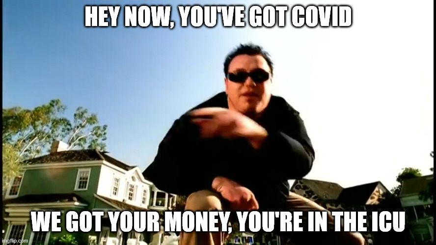 All Star Smash Mouth | HEY NOW, YOU'VE GOT COVID; WE GOT YOUR MONEY, YOU'RE IN THE ICU | image tagged in all star smash mouth | made w/ Imgflip meme maker