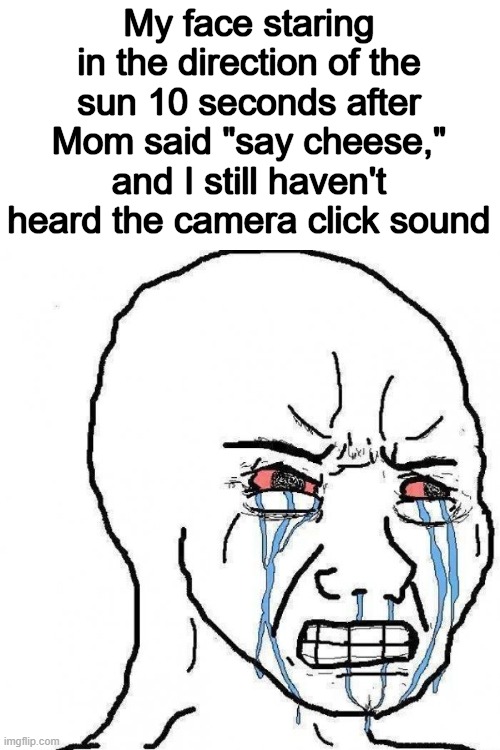 Angry Tears | My face staring in the direction of the sun 10 seconds after Mom said "say cheese," and I still haven't heard the camera click sound | image tagged in angry tears | made w/ Imgflip meme maker