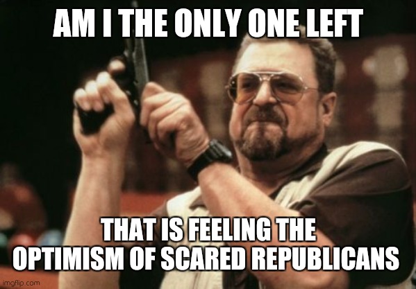The end is near | AM I THE ONLY ONE LEFT; THAT IS FEELING THE OPTIMISM OF SCARED REPUBLICANS | image tagged in memes,am i the only one around here | made w/ Imgflip meme maker