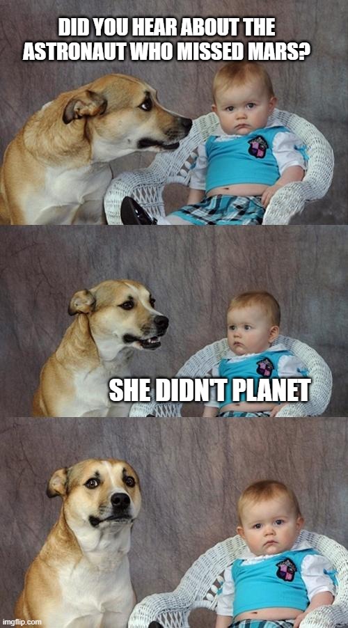I know it's weak... that's the point! | DID YOU HEAR ABOUT THE ASTRONAUT WHO MISSED MARS? SHE DIDN'T PLANET | image tagged in memes,dad joke dog,mars,astronaut,planet | made w/ Imgflip meme maker