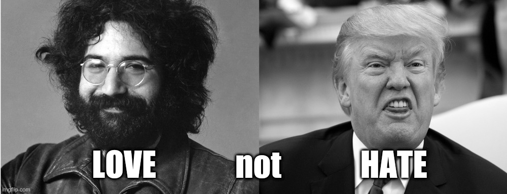 LOVE not HATE | LOVE             not             HATE | image tagged in jerry not trump,jerry garcia,donald trump,love,hate | made w/ Imgflip meme maker