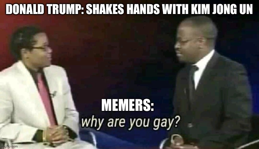 Donald trump | DONALD TRUMP: SHAKES HANDS WITH KIM JONG UN; MEMERS: | image tagged in why are you gay | made w/ Imgflip meme maker