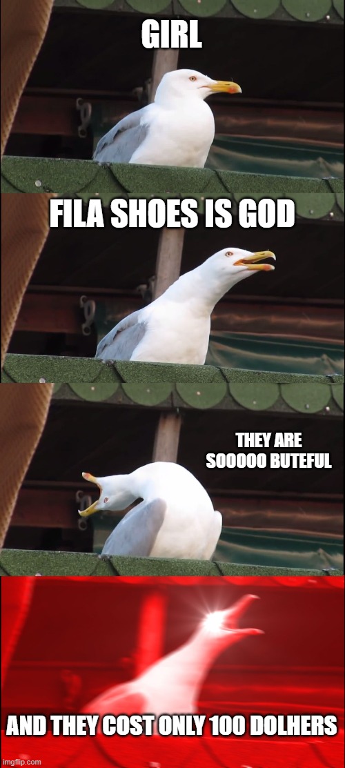 Inhaling Seagull Meme | GIRL; FILA SHOES IS GOD; THEY ARE SOOOOO BUTEFUL; AND THEY COST ONLY 100 DOLHERS | image tagged in memes,inhaling seagull | made w/ Imgflip meme maker