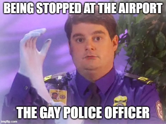 TSA Douche Meme | BEING STOPPED AT THE AIRPORT; THE GAY POLICE OFFICER | image tagged in memes,fun,gay,police,funny | made w/ Imgflip meme maker