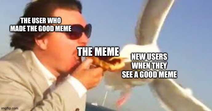 I am not lying about this meme | THE USER WHO MADE THE GOOD MEME; THE MEME; NEW USERS WHEN THEY SEE A GOOD MEME | image tagged in swiping seagull,memes,funny,steal,stealing,oh wow are you actually reading these tags | made w/ Imgflip meme maker
