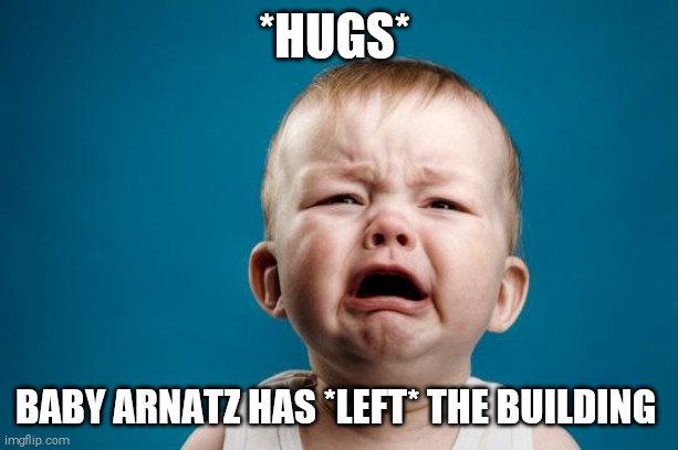 BABY CRYING | *HUGS*; BABY ARNATZ HAS *LEFT* THE BUILDING | image tagged in baby crying | made w/ Imgflip meme maker