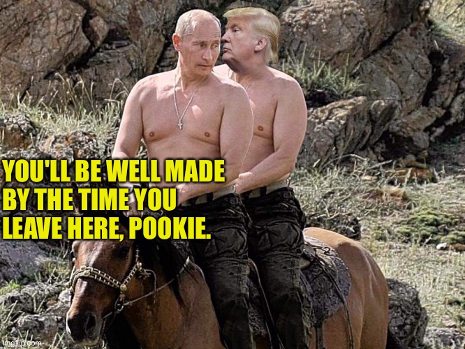 Putin Trump on Horse | YOU'LL BE WELL MADE 
BY THE TIME YOU 
LEAVE HERE, POOKIE. | image tagged in putin trump on horse | made w/ Imgflip meme maker