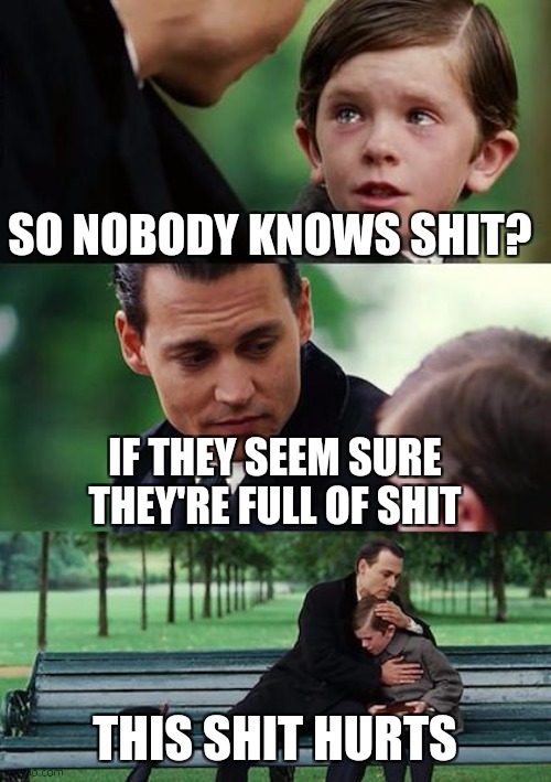The mean of life | SO NOBODY KNOWS SHIT? IF THEY SEEM SURE THEY'RE FULL OF SHIT; THIS SHIT HURTS | image tagged in memes,finding neverland,forever alone,mean | made w/ Imgflip meme maker
