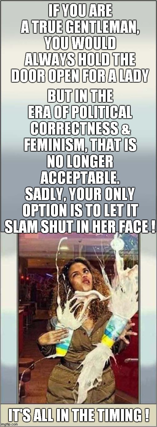 Chivalry Vs PC Feminism ? |  IF YOU ARE A TRUE GENTLEMAN, YOU WOULD ALWAYS HOLD THE DOOR OPEN FOR A LADY; BUT IN THE ERA OF POLITICAL CORRECTNESS & FEMINISM, THAT IS; NO LONGER ACCEPTABLE. SADLY, YOUR ONLY OPTION IS TO LET IT SLAM SHUT IN HER FACE ! IT'S ALL IN THE TIMING ! | image tagged in fun,political correctness,feminism,consequences | made w/ Imgflip meme maker