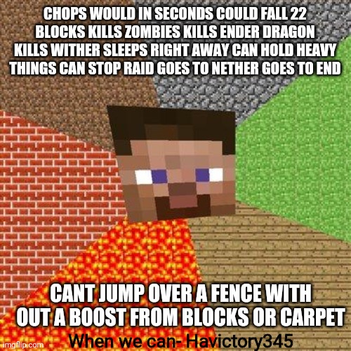 Cant do it mojang. | CHOPS WOULD IN SECONDS COULD FALL 22 BLOCKS KILLS ZOMBIES KILLS ENDER DRAGON KILLS WITHER SLEEPS RIGHT AWAY CAN HOLD HEAVY THINGS CAN STOP RAID GOES TO NETHER GOES TO END; CANT JUMP OVER A FENCE WITH OUT A BOOST FROM BLOCKS OR CARPET; When we can- Havictory345 | image tagged in minecraft steve | made w/ Imgflip meme maker