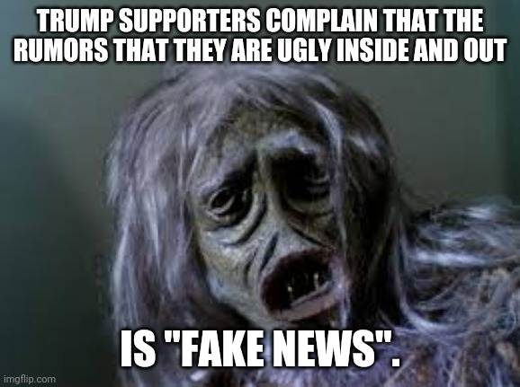 Trump Supporters Refute Claims of Ugliness with Alternate Facts | TRUMP SUPPORTERS COMPLAIN THAT THE RUMORS THAT THEY ARE UGLY INSIDE AND OUT; IS "FAKE NEWS". | image tagged in salt monster,trump supporters,fake news | made w/ Imgflip meme maker