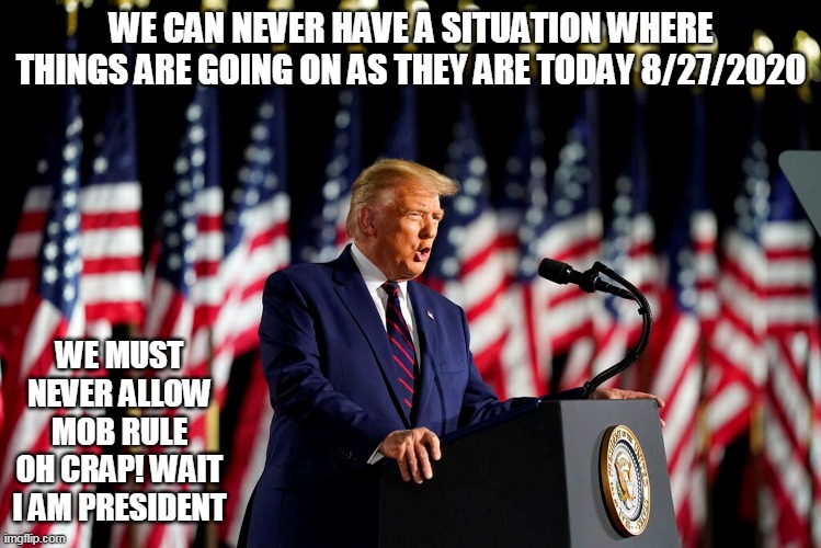 things today | WE CAN NEVER HAVE A SITUATION WHERE THINGS ARE GOING ON AS THEY ARE TODAY 8/27/2020; WE MUST NEVER ALLOW MOB RULE
OH CRAP! WAIT I AM PRESIDENT | image tagged in donald trump | made w/ Imgflip meme maker