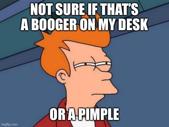 Relatable, amirite? | NOT SURE IF THAT’S A BOOGER ON MY DESK; OR A PIMPLE | image tagged in memes,futurama fry | made w/ Imgflip meme maker