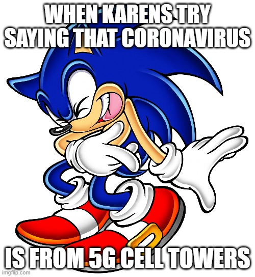 Sonic the Hedgehog Laughing | WHEN KARENS TRY SAYING THAT CORONAVIRUS; IS FROM 5G CELL TOWERS | image tagged in sonic the hedgehog laughing | made w/ Imgflip meme maker