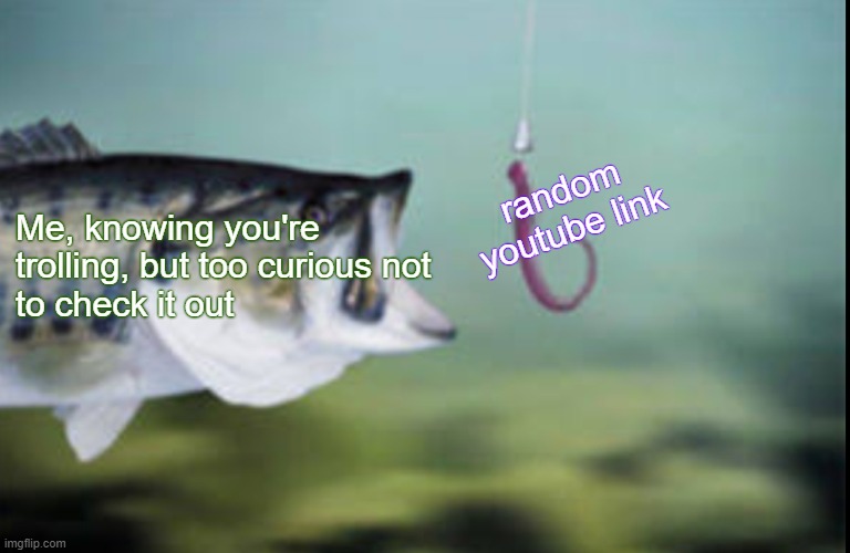 Fish being lured | random youtube link Me, knowing you're trolling, but too curious not 
to check it out | image tagged in fish being lured | made w/ Imgflip meme maker