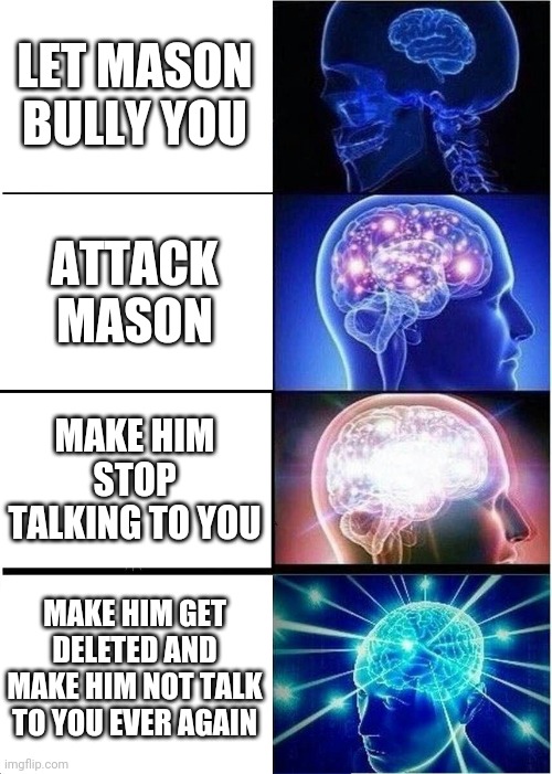 Expanding Brain | LET MASON BULLY YOU; ATTACK MASON; MAKE HIM STOP TALKING TO YOU; MAKE HIM GET DELETED AND MAKE HIM NOT TALK TO YOU EVER AGAIN | image tagged in memes,expanding brain | made w/ Imgflip meme maker