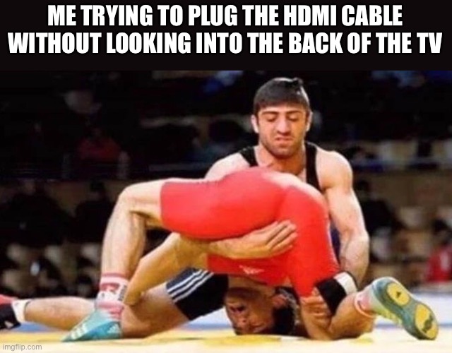 Just like usb, it’s always turned the wrong way | ME TRYING TO PLUG THE HDMI CABLE WITHOUT LOOKING INTO THE BACK OF THE TV | image tagged in hdmi,tv,looking,feeling,hole,plug | made w/ Imgflip meme maker