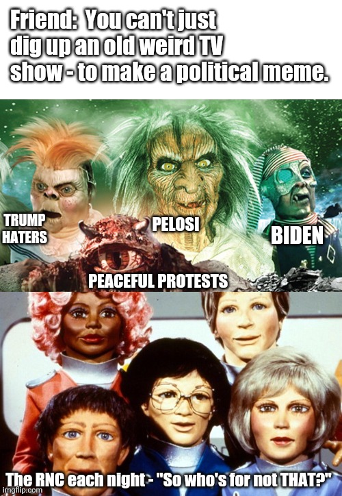 You can't use old TV for modern memes | Friend:  You can't just dig up an old weird TV show - to make a political meme. TRUMP HATERS; PELOSI; BIDEN; PEACEFUL PROTESTS; The RNC each night - "So who's for not THAT?" | image tagged in hawk,democrats,republicans | made w/ Imgflip meme maker