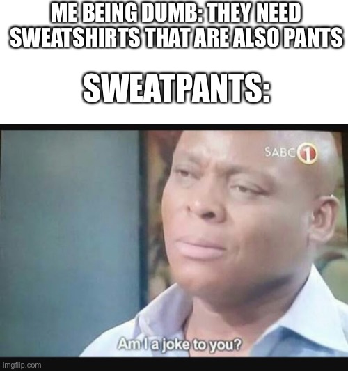 I’m pretty dumb most of the time | ME BEING DUMB: THEY NEED SWEATSHIRTS THAT ARE ALSO PANTS; SWEATPANTS: | image tagged in am i a joke to you | made w/ Imgflip meme maker