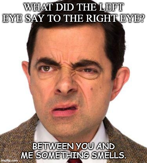 Daily Bad Dad Joke August 28 2020 | WHAT DID THE LEFT EYE SAY TO THE RIGHT EYE? BETWEEN YOU AND ME SOMETHING SMELLS. | image tagged in mr bean face | made w/ Imgflip meme maker