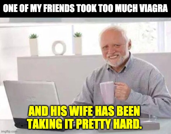 Harold | ONE OF MY FRIENDS TOOK TOO MUCH VIAGRA; AND HIS WIFE HAS BEEN TAKING IT PRETTY HARD. | image tagged in harold | made w/ Imgflip meme maker