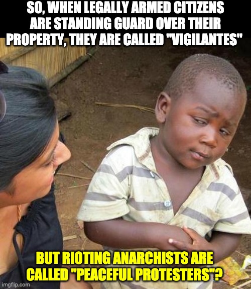 Topsy-Turvy | SO, WHEN LEGALLY ARMED CITIZENS ARE STANDING GUARD OVER THEIR PROPERTY, THEY ARE CALLED "VIGILANTES"; BUT RIOTING ANARCHISTS ARE CALLED "PEACEFUL PROTESTERS"? | image tagged in memes,third world skeptical kid | made w/ Imgflip meme maker