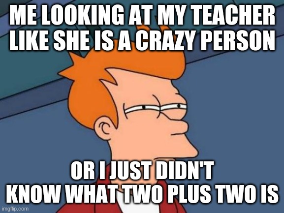 Futurama Fry Meme | ME LOOKING AT MY TEACHER LIKE SHE IS A CRAZY PERSON; OR I JUST DIDN'T KNOW WHAT TWO PLUS TWO IS | image tagged in memes,futurama fry,fry,school,high school,teacher | made w/ Imgflip meme maker