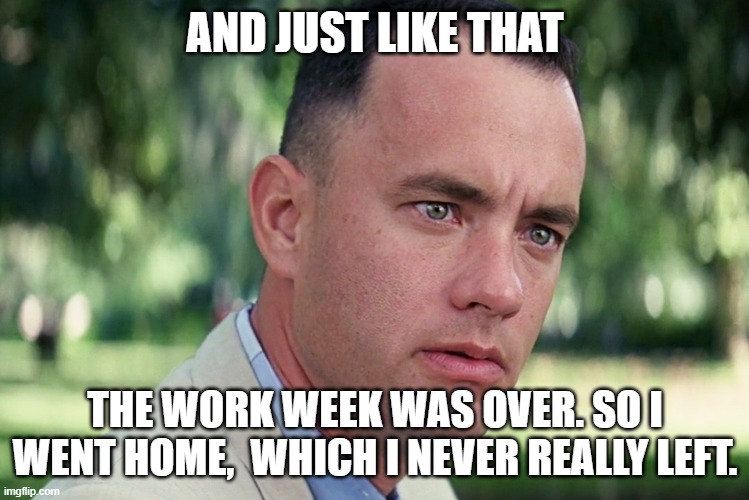 I went home, which I never really left... | AND JUST LIKE THAT; THE WORK WEEK WAS OVER. SO I WENT HOME,  WHICH I NEVER REALLY LEFT. | image tagged in memes,and just like that | made w/ Imgflip meme maker