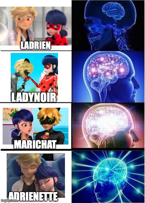 Ship Power | LADRIEN; LADYNOIR; MARICHAT; ADRIENETTE | image tagged in memes,expanding brain,miraculous ladybug | made w/ Imgflip meme maker