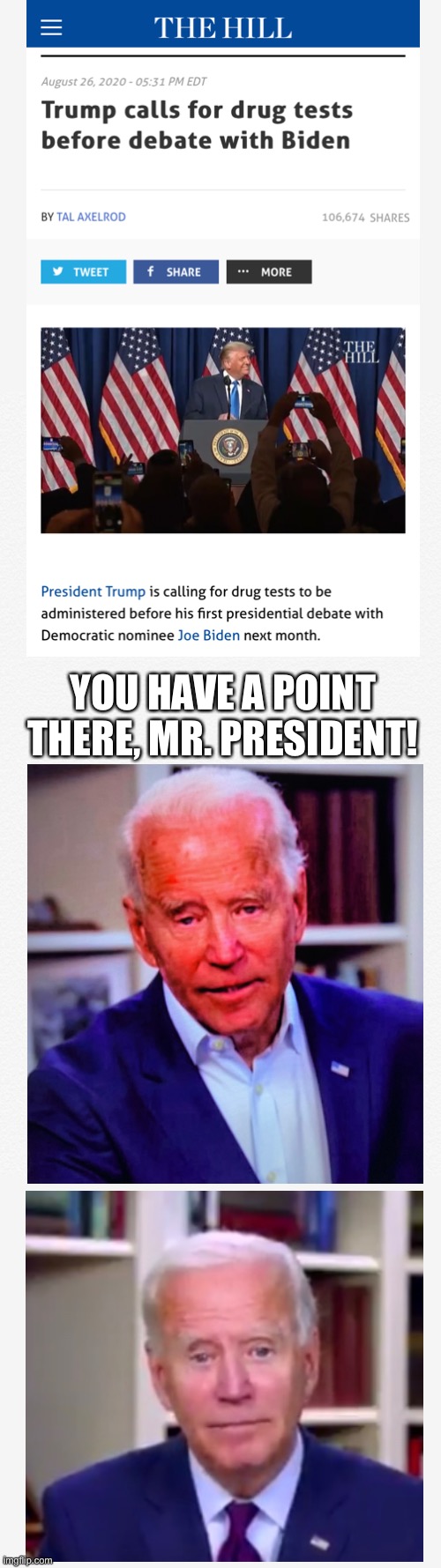 Brilliant idea, President Trump! And Biden must remove his earpiece, too! | YOU HAVE A POINT THERE, MR. PRESIDENT! | image tagged in president trump,donald trump,trump,joe biden,biden,election 2020 | made w/ Imgflip meme maker