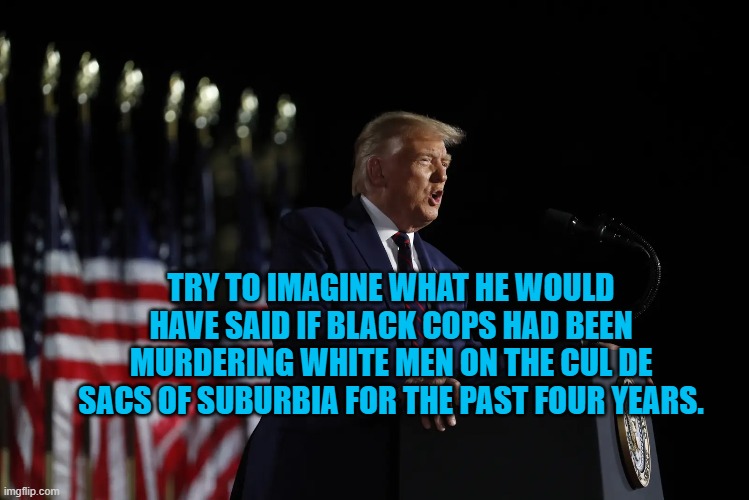 President Pandemic Says He Has Created Biden's America On Our Streets | TRY TO IMAGINE WHAT HE WOULD HAVE SAID IF BLACK COPS HAD BEEN MURDERING WHITE MEN ON THE CUL DE SACS OF SUBURBIA FOR THE PAST FOUR YEARS. | image tagged in politics | made w/ Imgflip meme maker