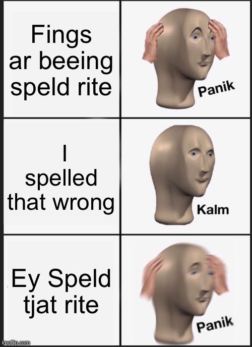 The reality of the meme #4 | Fings ar beeing speld rite; I spelled that wrong; Ey Speld tjat rite | image tagged in memes,panik kalm panik | made w/ Imgflip meme maker