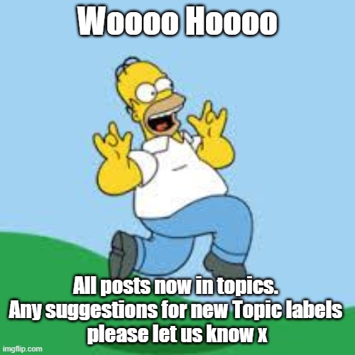 Hooray Homer | Woooo Hoooo; All posts now in topics. 
Any suggestions for new Topic labels 
please let us know x | image tagged in hooray homer | made w/ Imgflip meme maker
