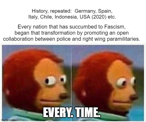 Fascist Electric Slide | History, repeated:  Germany, Spain, Italy, Chile, Indonesia, USA (2020) etc. Every nation that has succumbed to Fascism, began that transformation by promoting an open collaboration between police and right wing paramilitaries. EVERY. TIME. | image tagged in memes,monkey puppet,fascism,police,paramilitary | made w/ Imgflip meme maker