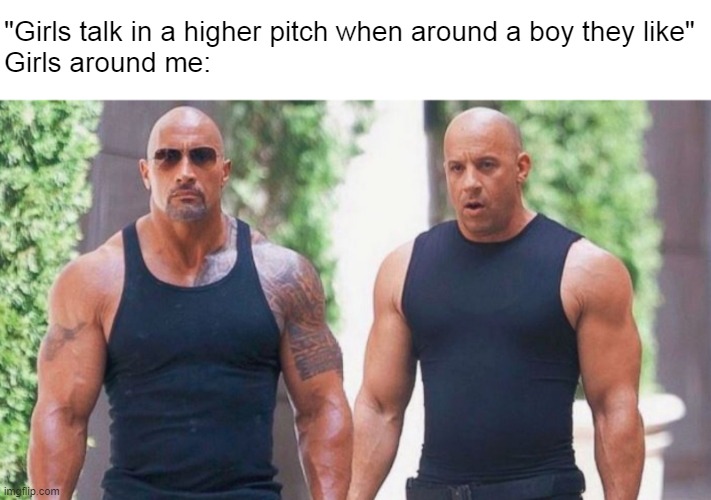 Relatable? | "Girls talk in a higher pitch when around a boy they like"
Girls around me: | image tagged in dwayne johnson,vin diesel | made w/ Imgflip meme maker