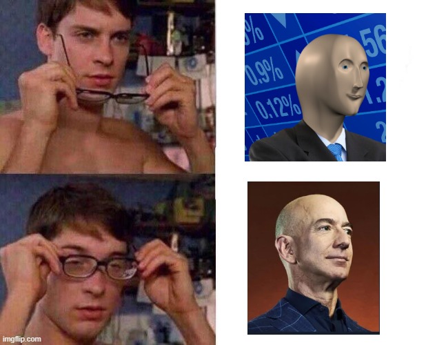 They're the same! | image tagged in spiderman glasses,memes,funny,stonks,jeff bezos | made w/ Imgflip meme maker