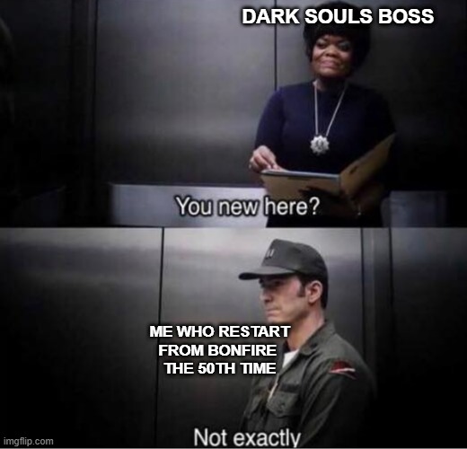 You new here? | DARK SOULS BOSS; ME WHO RESTART
FROM BONFIRE 
THE 50TH TIME | image tagged in you new here | made w/ Imgflip meme maker