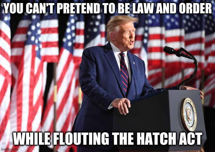 Laws apply to other people | YOU CAN'T PRETEND TO BE LAW AND ORDER; WHILE FLOUTING THE HATCH ACT | image tagged in trump,humor,hatch act,rnc | made w/ Imgflip meme maker