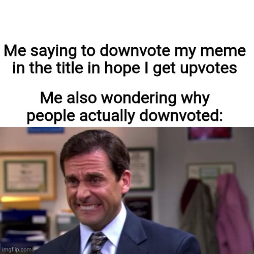 downvote this meme pls | Me saying to downvote my meme in the title in hope I get upvotes; Me also wondering why people actually downvoted: | image tagged in michael scott upset | made w/ Imgflip meme maker