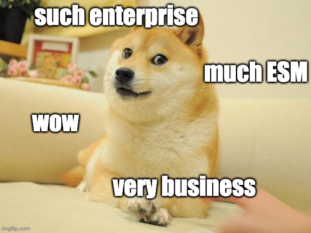 Such ESM | such enterprise; much ESM; wow; very business | image tagged in memes,doge 2,enterprise,security,esm,enterprise security modeller | made w/ Imgflip meme maker