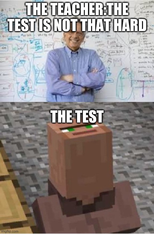THE TEACHER:THE TEST IS NOT THAT HARD; THE TEST | image tagged in smartass teacher,minecraft villager looking up | made w/ Imgflip meme maker