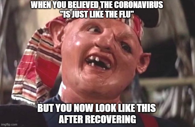 The Coronavirus Recovery Look |  WHEN YOU BELIEVED THE CORONAVIRUS
"IS JUST LIKE THE FLU"; BUT YOU NOW LOOK LIKE THIS 
AFTER RECOVERING | image tagged in sloth goonies,covid-19,coronavirus | made w/ Imgflip meme maker