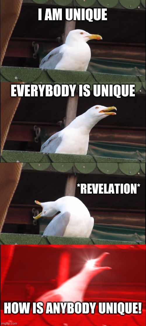 Inhaling Seagull | I AM UNIQUE; EVERYBODY IS UNIQUE; *REVELATION*; HOW IS ANYBODY UNIQUE! | image tagged in memes,inhaling seagull | made w/ Imgflip meme maker