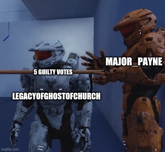 Major_Payne before we decide your fate, what do you say in your defense | MAJOR_PAYNE; 5 GUILTY VOTES; LEGACYOFGHOSTOFCHURCH | image tagged in tag | made w/ Imgflip meme maker