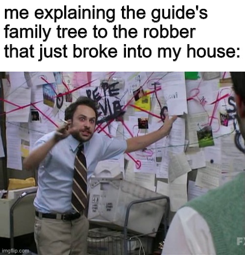 me explaining the guide's family tree to the robber that just broke into my house: | image tagged in blank white template | made w/ Imgflip meme maker